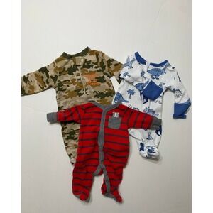 Wonder Nation Baby Boys Preemie Footed Sleepers Lot of 3 Camo Dino Stripe PJs